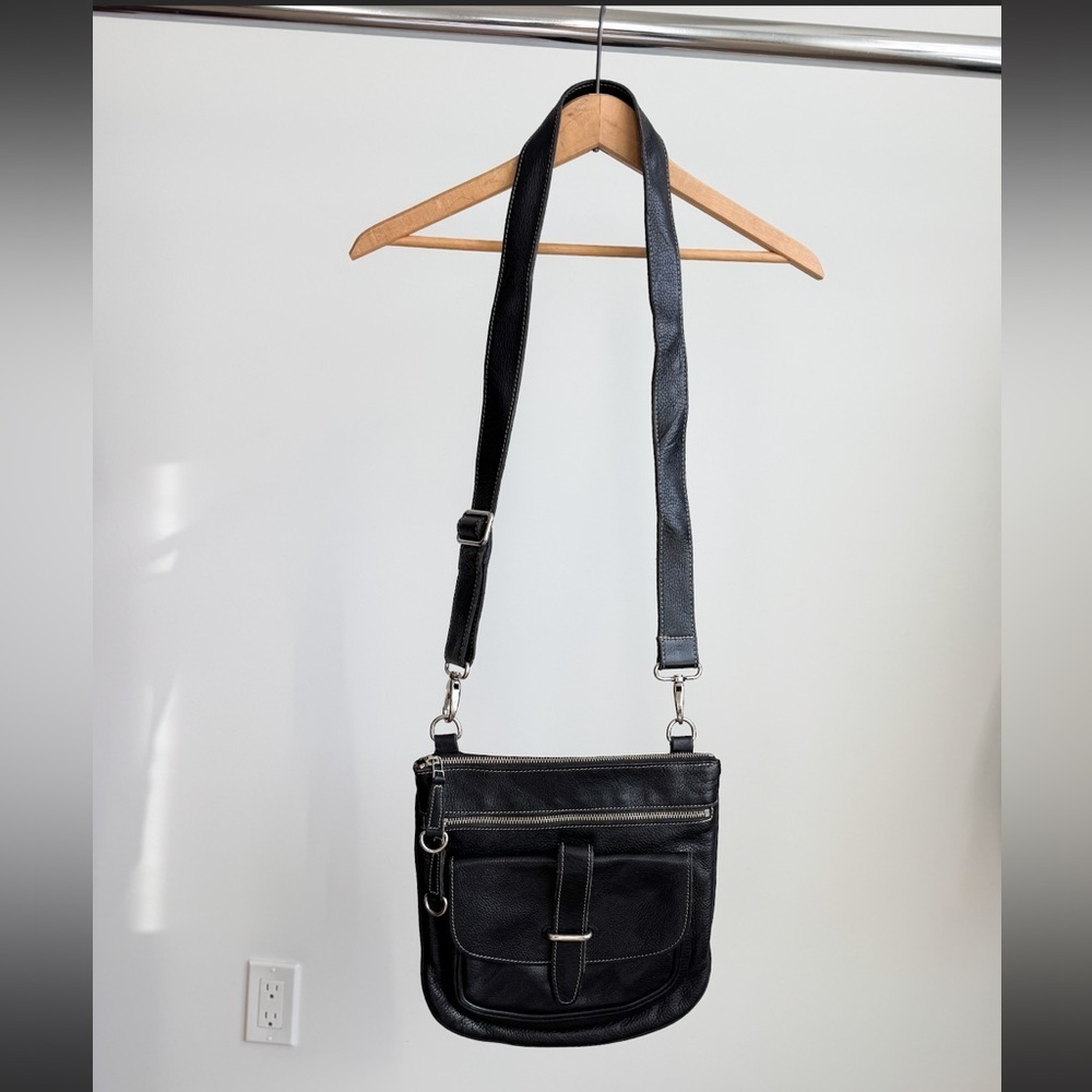 Vtg Roots Black Tribe Leather Side Saddle Bag Large Made in Canada Crossbody